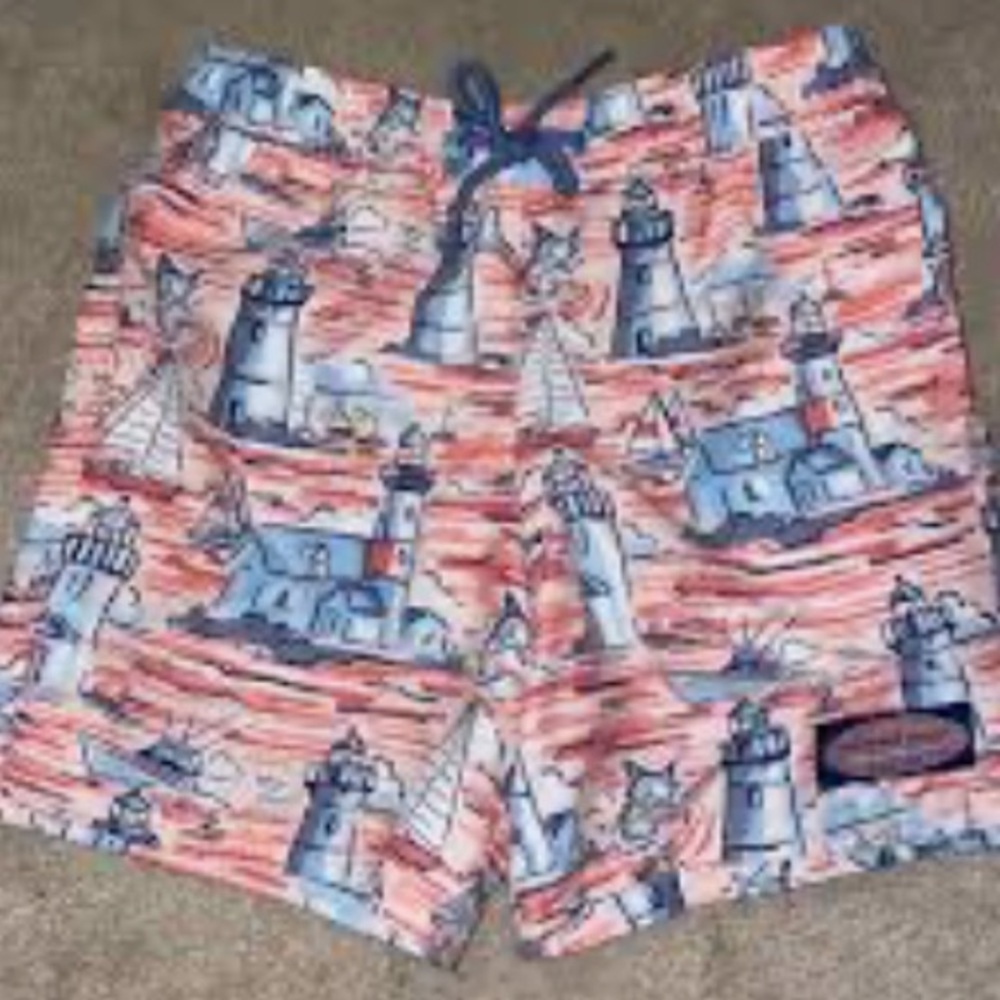 Vineyard Vines Nautical Lighthouse Swim Trunks - Blue and Coral